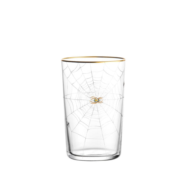Tumbler with spider's web gold rim and two flies