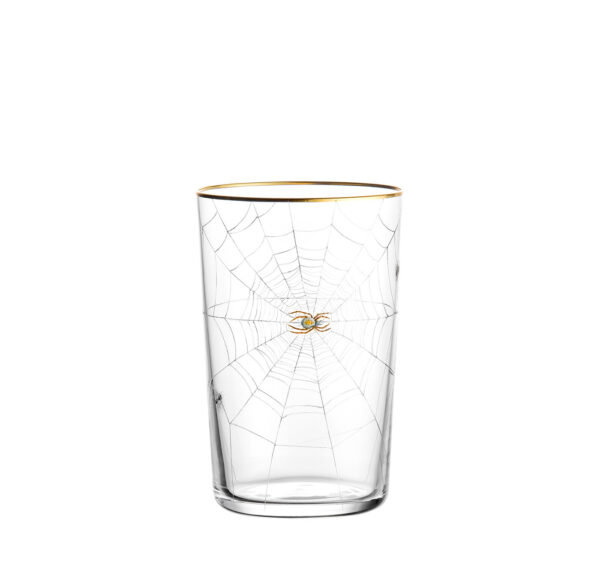 Tumbler with spider’s web gold rim and two flies